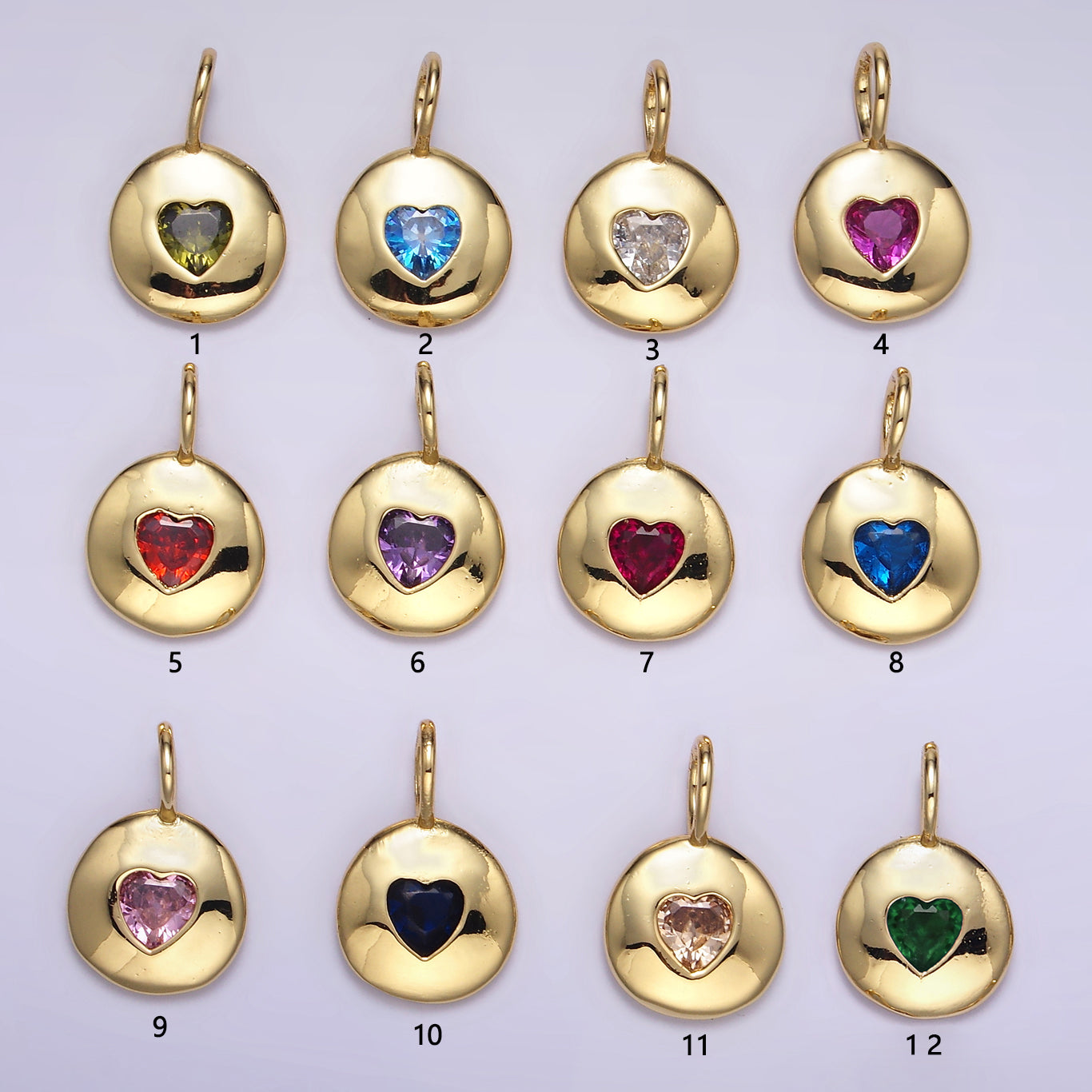 24K Gold Filled Heart CZ Birthstone Round Bezel Charm | AA049 - AA054