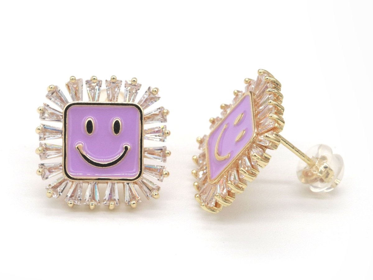 1 pair Dainty Happy face Square stud earrings, gold Enamel smile stud, smiley earrings, kawaii Cute earring emoji earrings korean earring