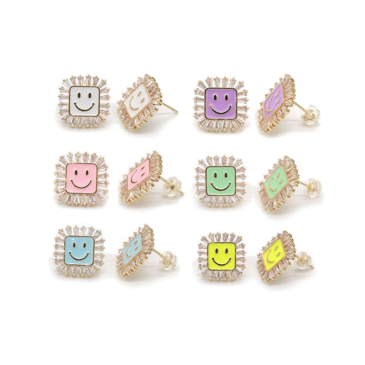 1 pair Dainty Happy face Square stud earrings, gold Enamel smile stud, smiley earrings, kawaii Cute earring emoji earrings korean earring