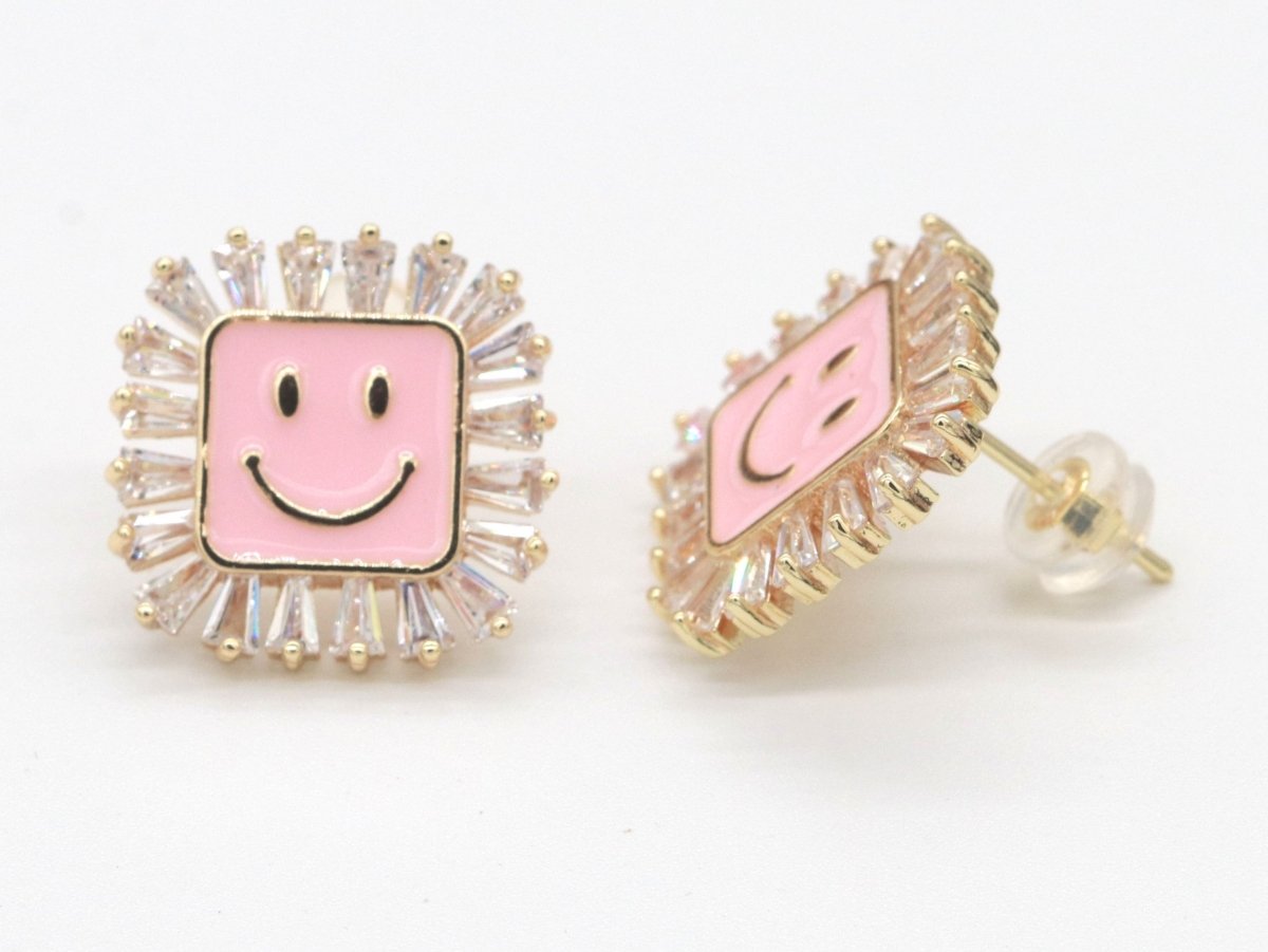 1 pair Dainty Happy face Square stud earrings, gold Enamel smile stud, smiley earrings, kawaii Cute earring emoji earrings korean earring