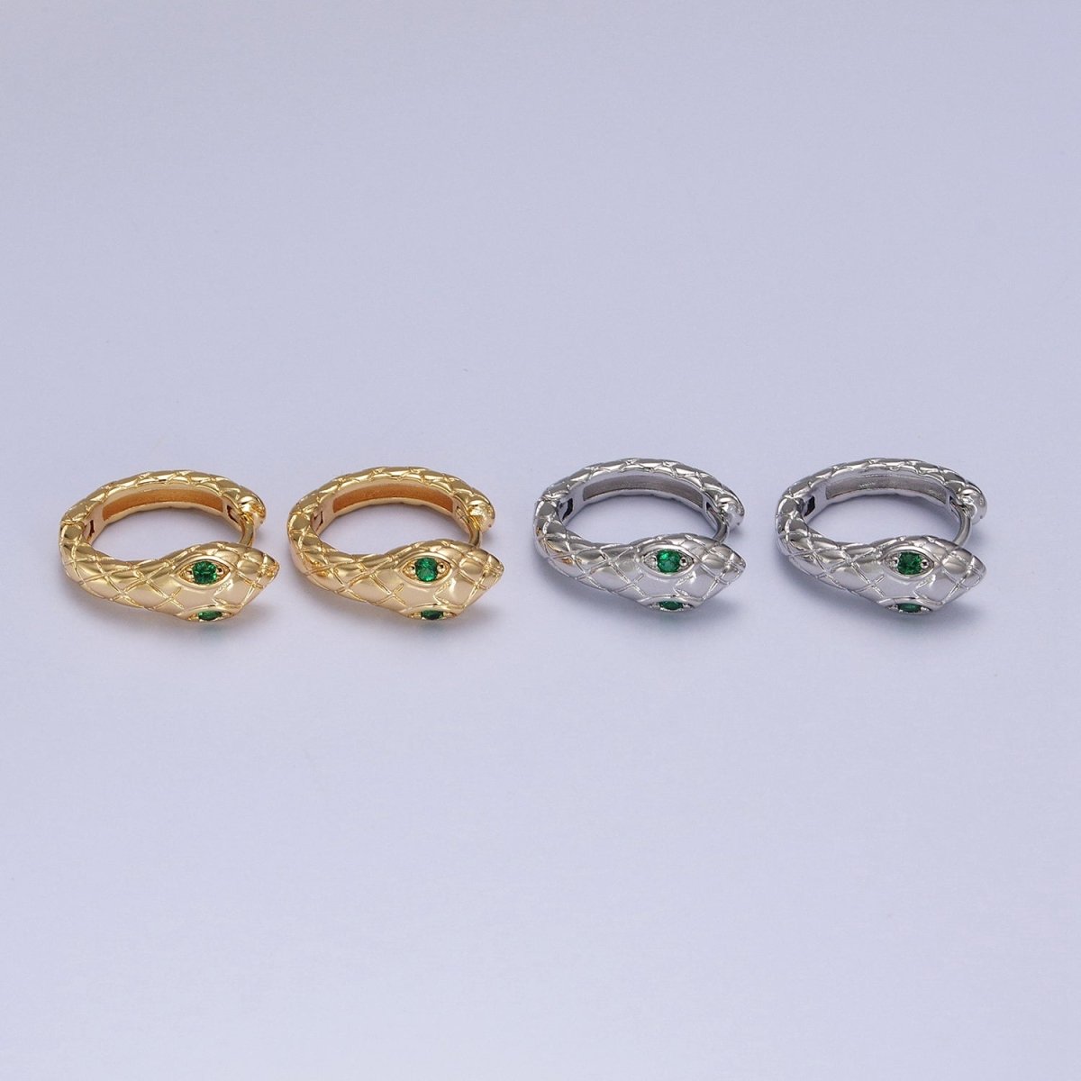 1 pair SNAKE Head Emerald Green Zirconia Eye hoops-Snake CZ Pave Cluster earrings -24K Gold Filled Huggie or Silver Hoop AB055 AB056