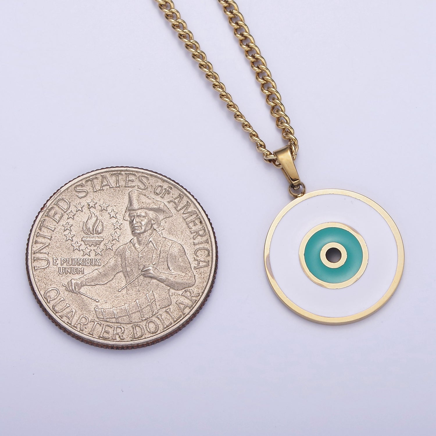 Stainless Steel Teal Evil Eye Enamel Round Charm 17 Inch Curb Chain Necklace | WA-2048 - DLUXCA