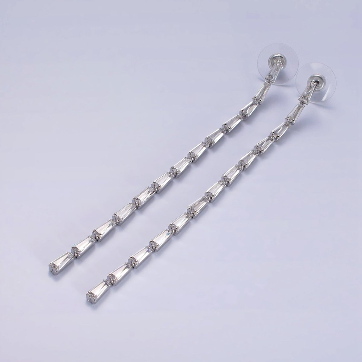 100mm Clear Baguette CZ Linear Drop Stud Earrings in Gold & Silver | AE289 AE290
