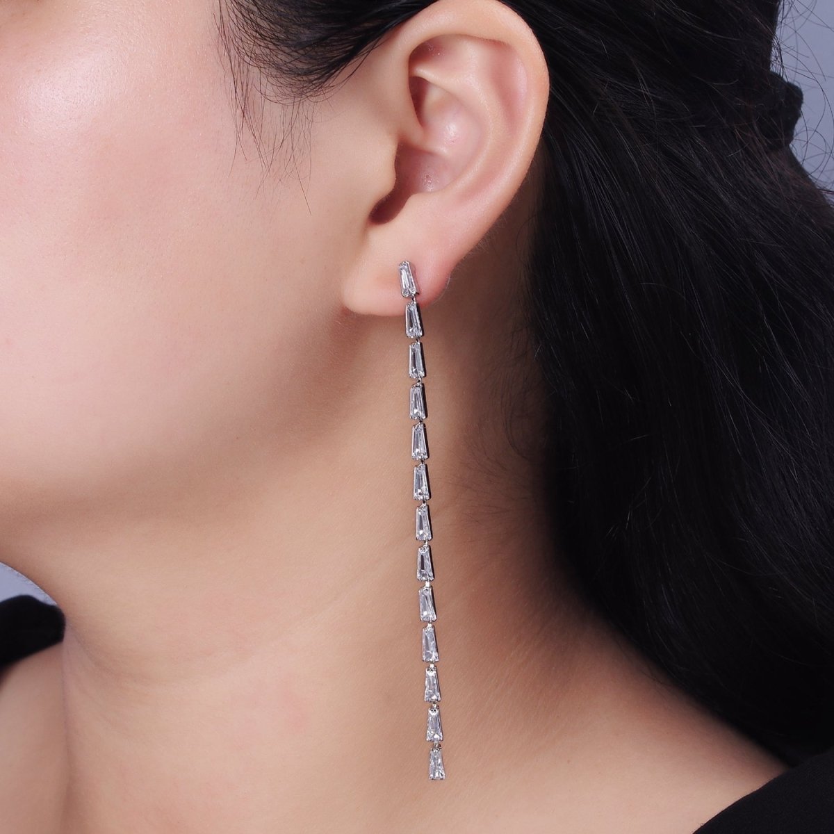 100mm Clear Baguette CZ Linear Drop Stud Earrings in Gold & Silver | AE289 AE290