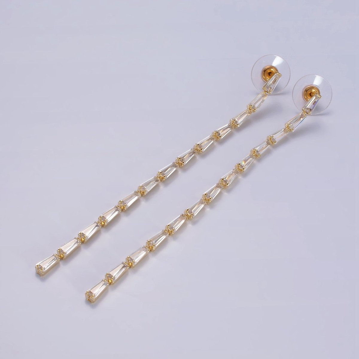 100mm Clear Baguette CZ Linear Drop Stud Earrings in Gold & Silver | AE289 AE290