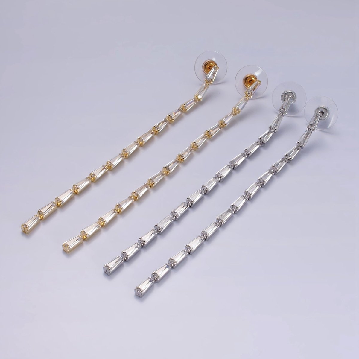 100mm Clear Baguette CZ Linear Drop Stud Earrings in Gold & Silver | AE289 AE290