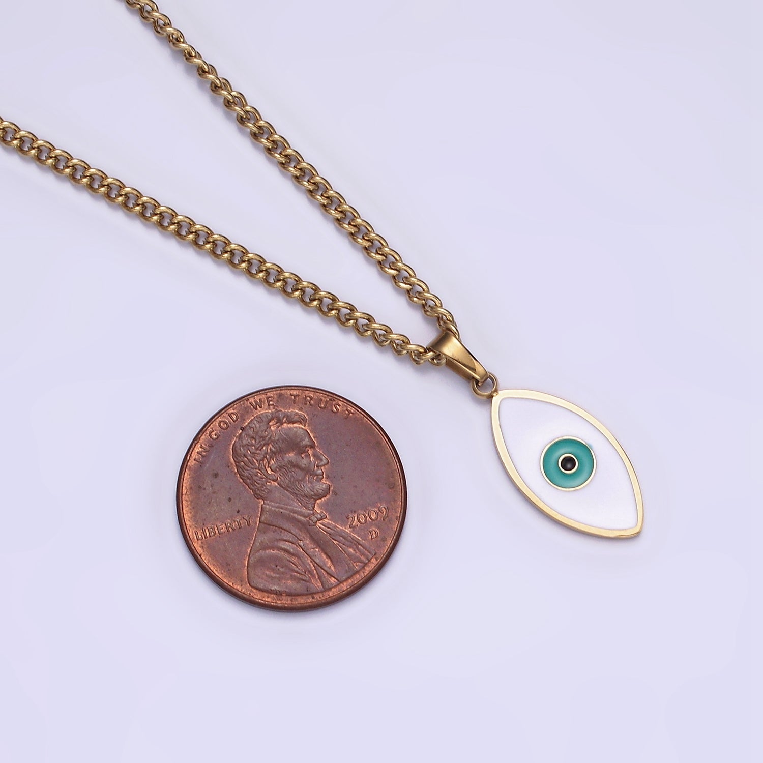 Stainless Steel Teal Evil Eyed Enamel Pendant 17 Inch Curb Chain Necklace | WA-2056 - DLUXCA