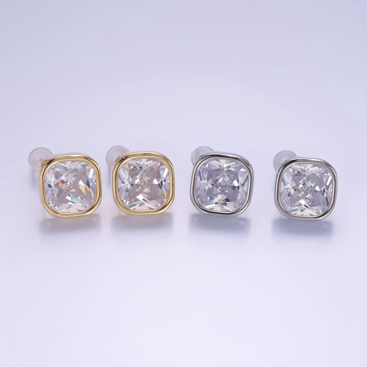 10mm Clear CZ Square Bezel Stud Earrings in Gold & Silver | V514 V515