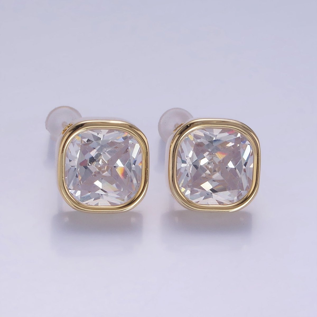 10mm Clear CZ Square Bezel Stud Earrings in Gold & Silver | V514 V515
