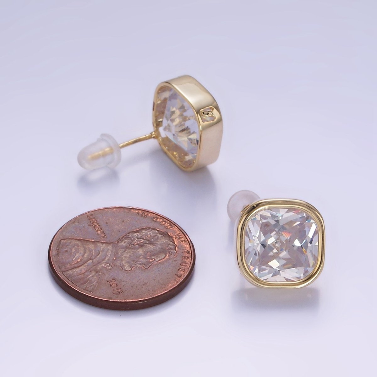 10mm Clear CZ Square Bezel Stud Earrings in Gold & Silver | V514 V515
