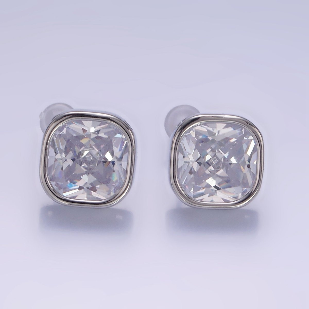 10mm Clear CZ Square Bezel Stud Earrings in Gold & Silver | V514 V515