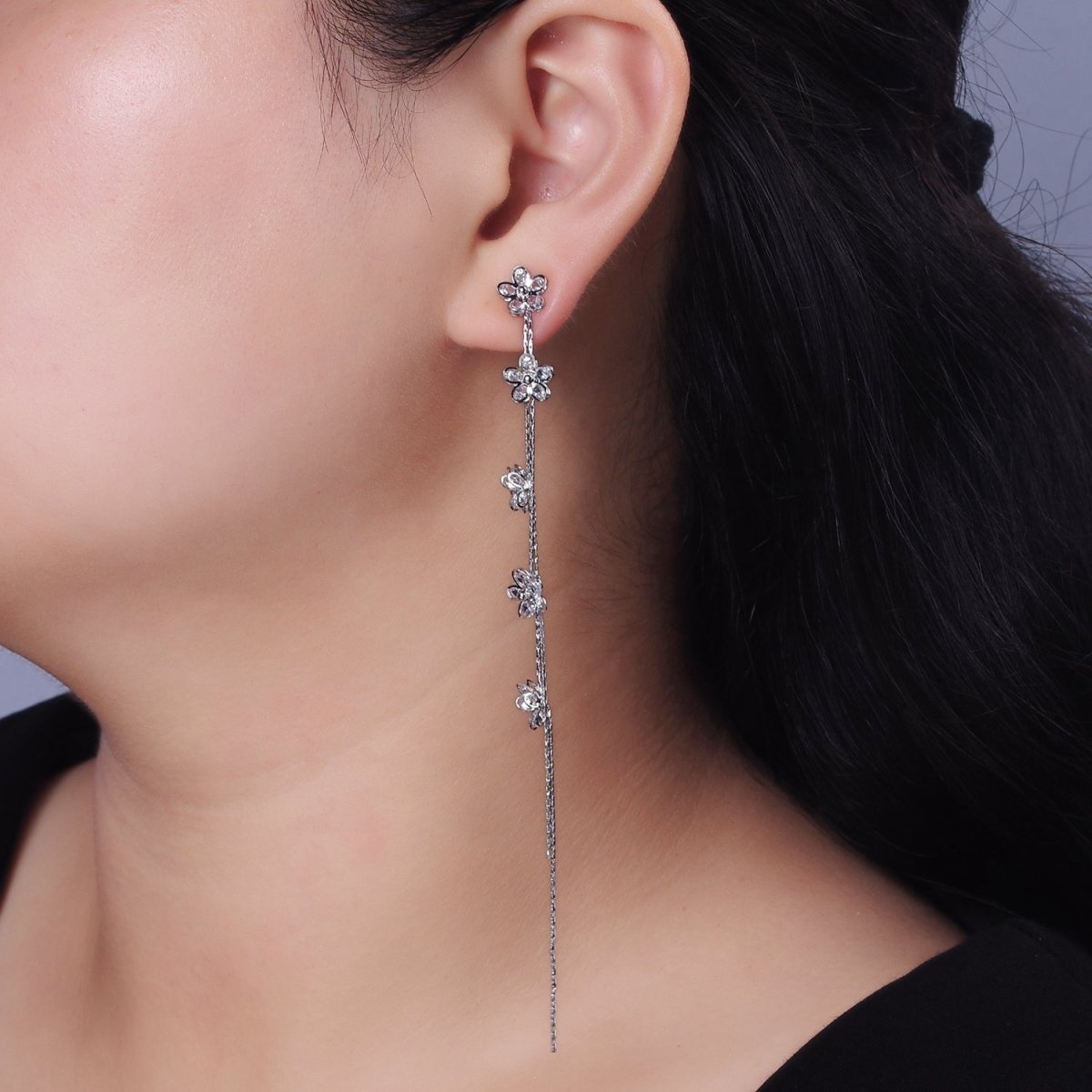 115mm Multiple Clear CZ Flower Double Linear Drop Stud Earrings in Gold & Silver | AE279 AE280
