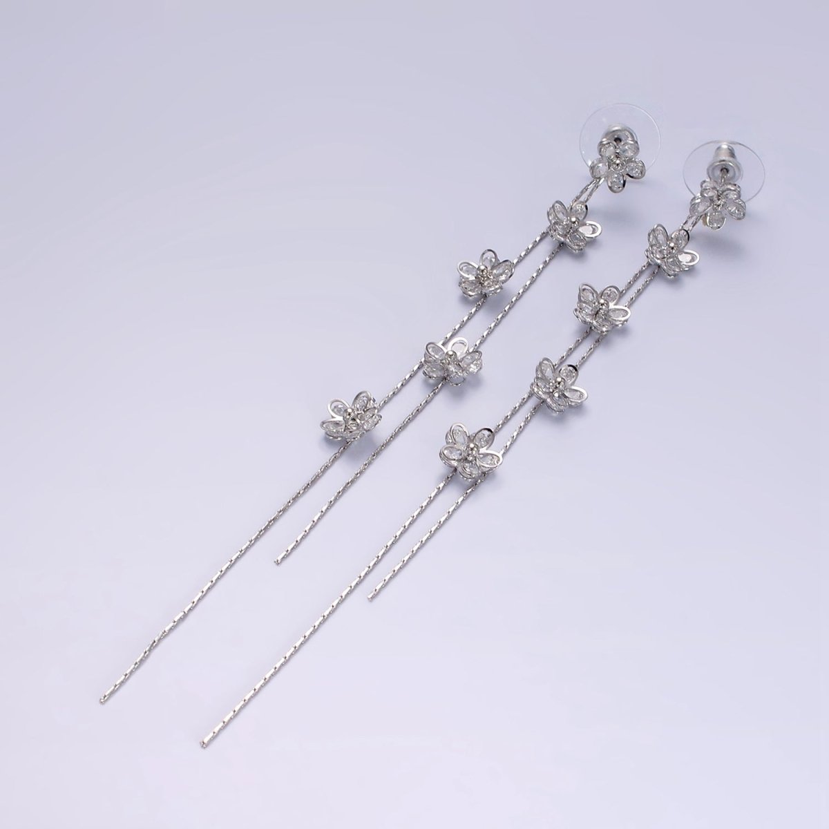 115mm Multiple Clear CZ Flower Double Linear Drop Stud Earrings in Gold & Silver | AE279 AE280