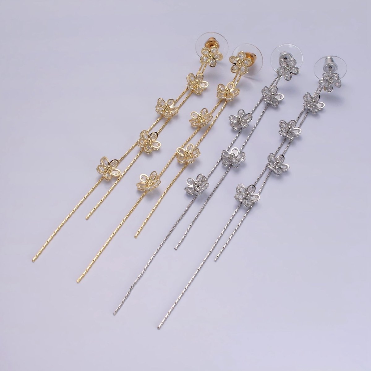 115mm Multiple Clear CZ Flower Double Linear Drop Stud Earrings in Gold & Silver | AE279 AE280