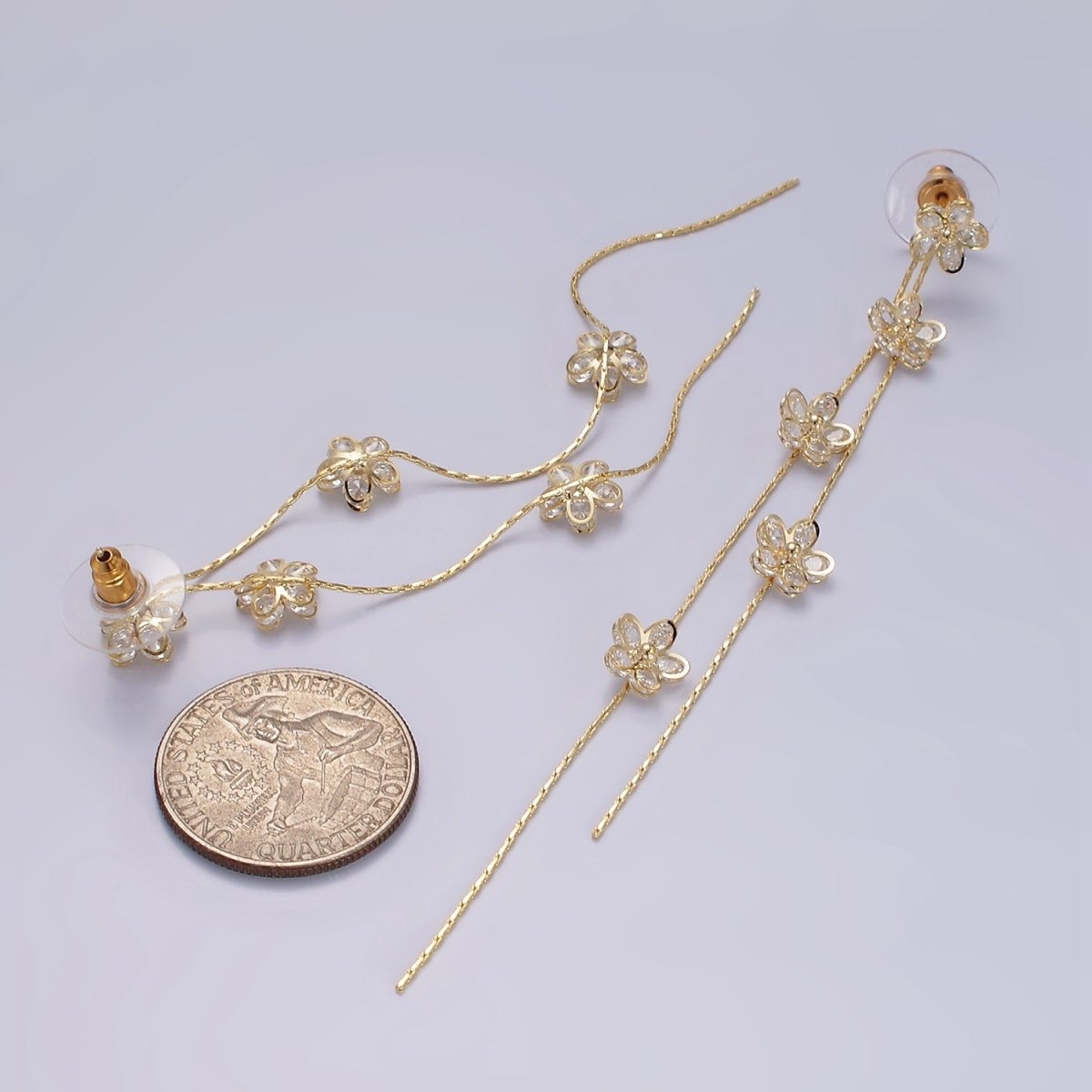 115mm Multiple Clear CZ Flower Double Linear Drop Stud Earrings in Gold & Silver | AE279 AE280