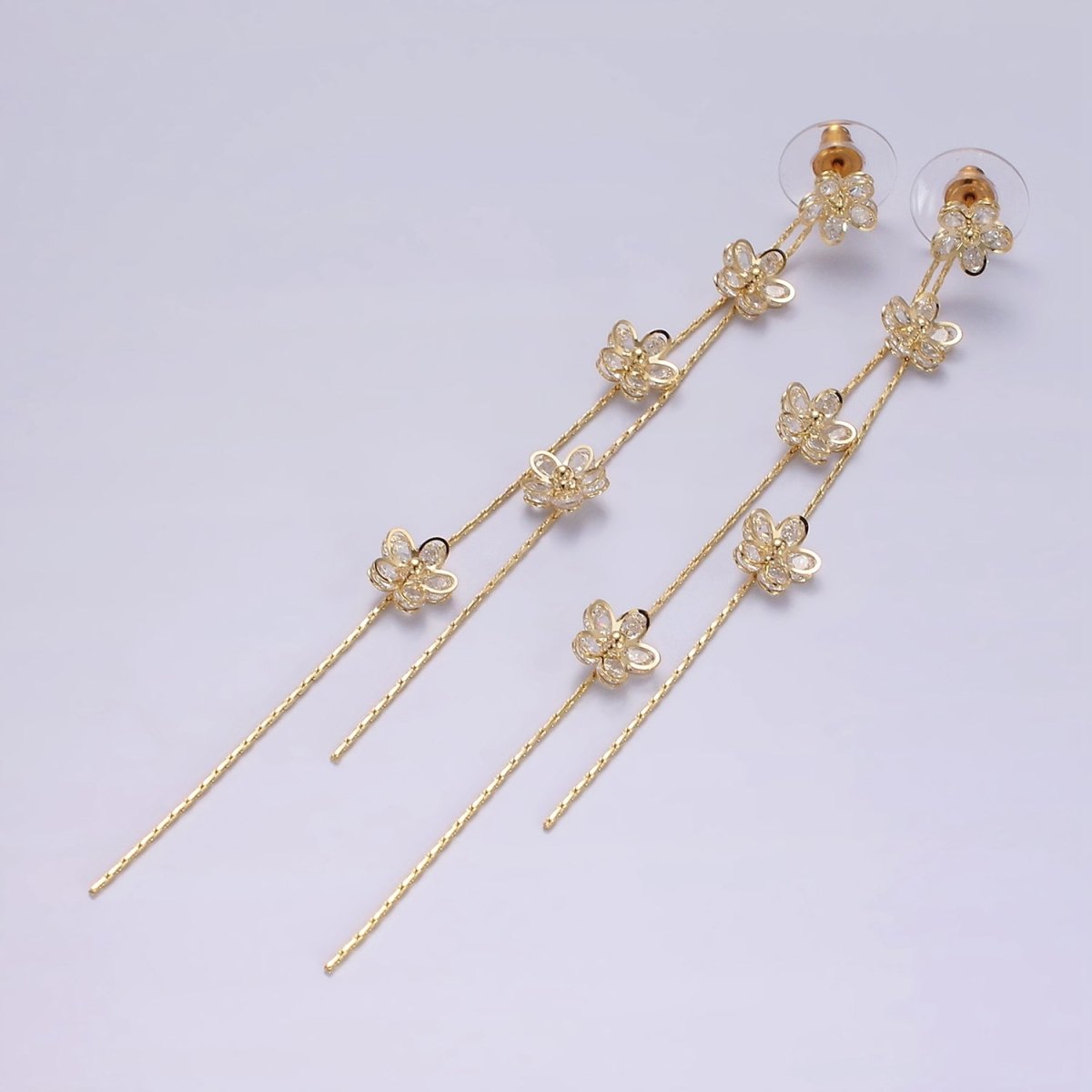 115mm Multiple Clear CZ Flower Double Linear Drop Stud Earrings in Gold & Silver | AE279 AE280