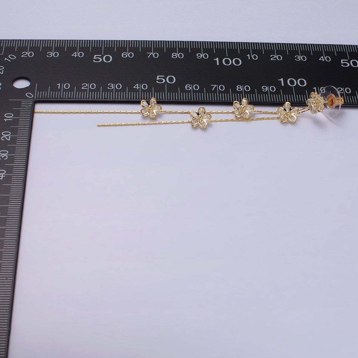 115mm Multiple Clear CZ Flower Double Linear Drop Stud Earrings in Gold & Silver | AE279 AE280