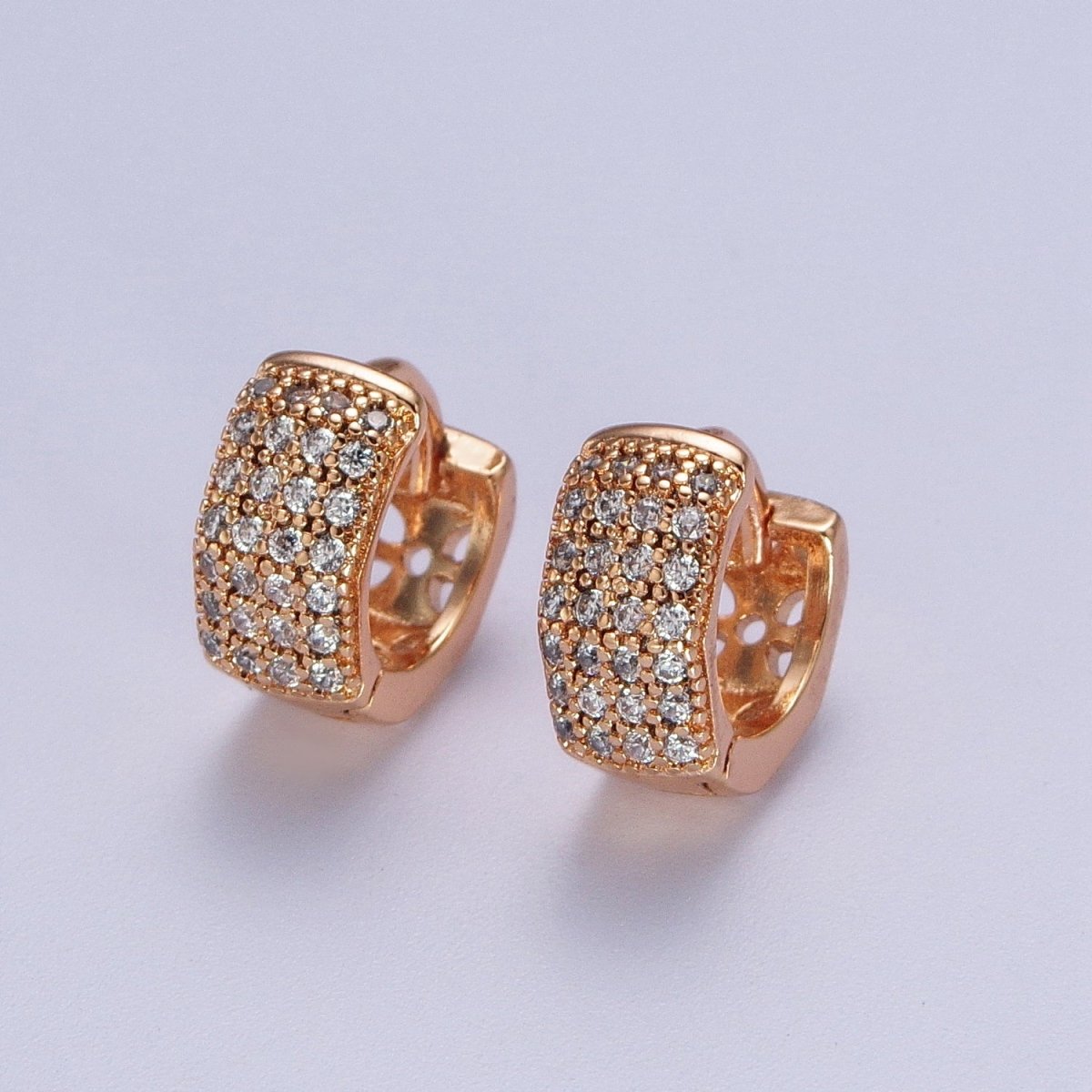 11mm Wide Hexagonal Clear Micro Paved CZ Huggie Earrings in Silver & Pinky Gold  P-077 AB-010
