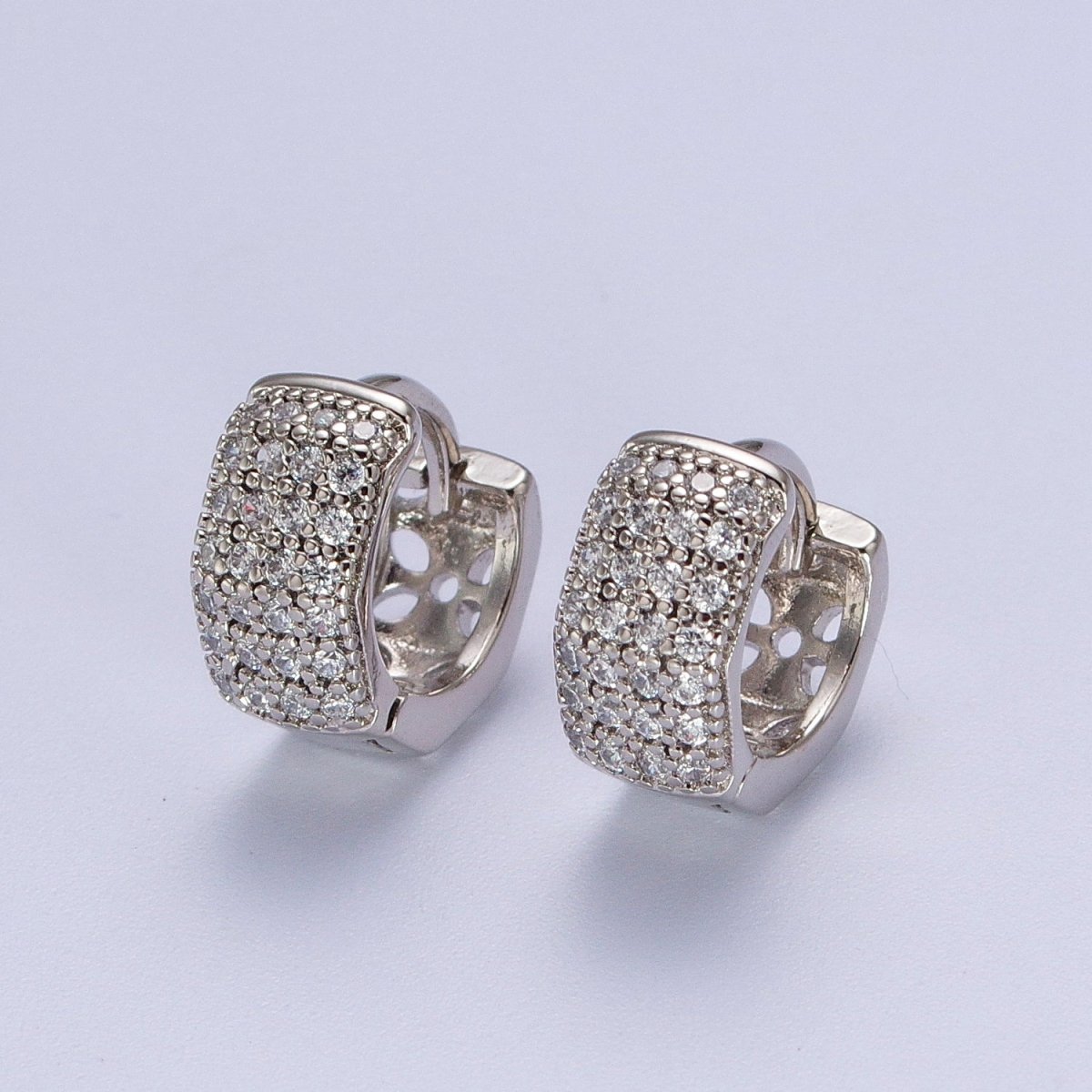 11mm Wide Hexagonal Clear Micro Paved CZ Huggie Earrings in Silver & Pinky Gold  P-077 AB-010