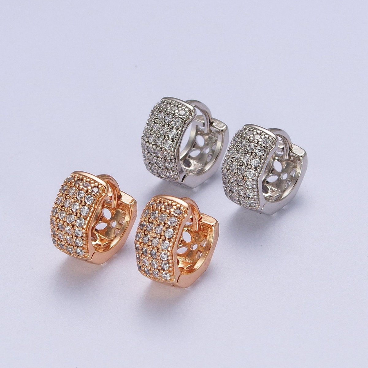 11mm Wide Hexagonal Clear Micro Paved CZ Huggie Earrings in Silver & Pinky Gold  P-077 AB-010