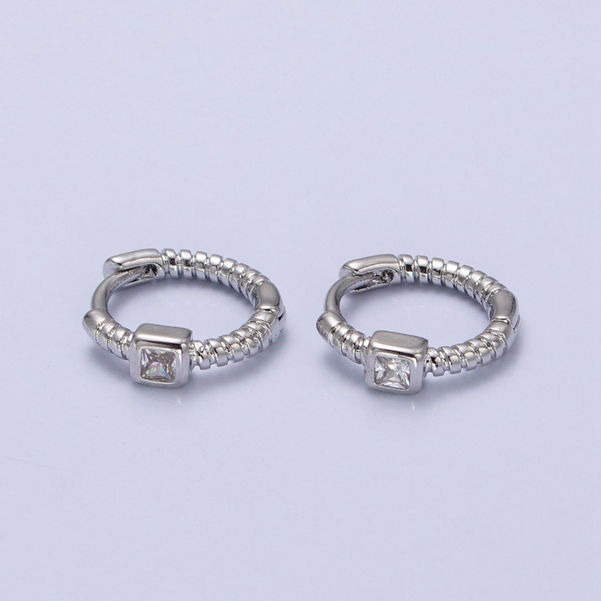 12.5mm Twisted Clear Square CZ Line Textured Huggie Earrings in Gold & Silver | AB410 AB411