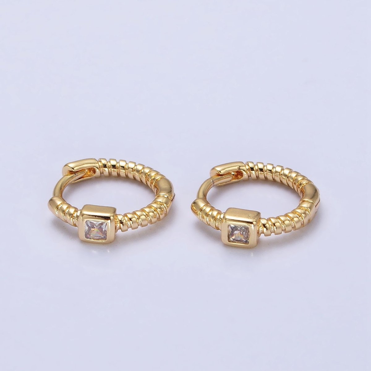 12.5mm Twisted Clear Square CZ Line Textured Huggie Earrings in Gold & Silver | AB410 AB411