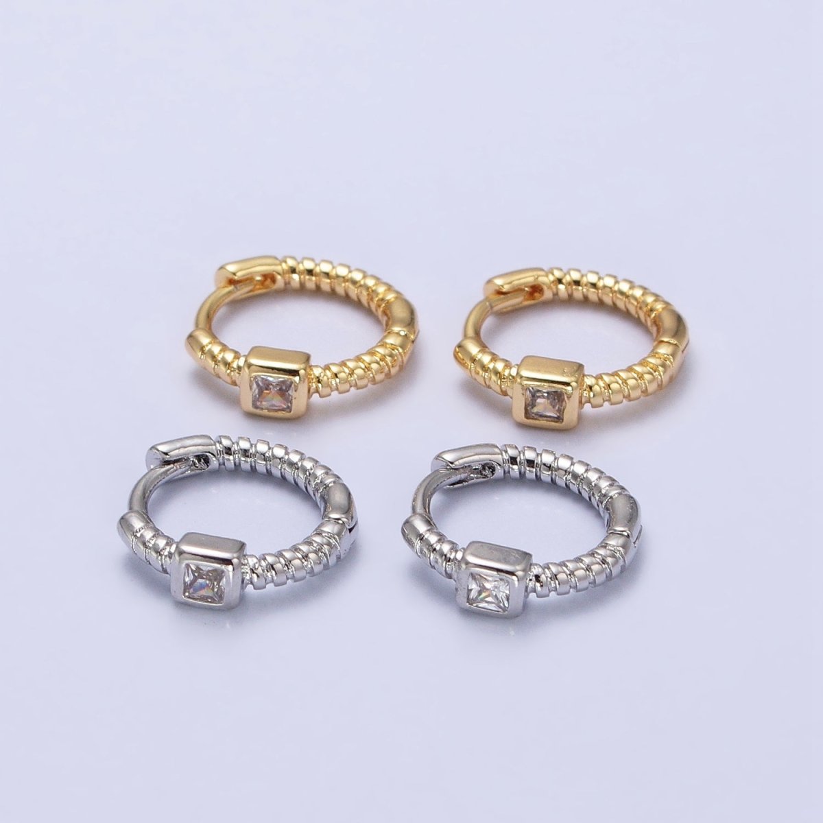 12.5mm Twisted Clear Square CZ Line Textured Huggie Earrings in Gold & Silver | AB410 AB411