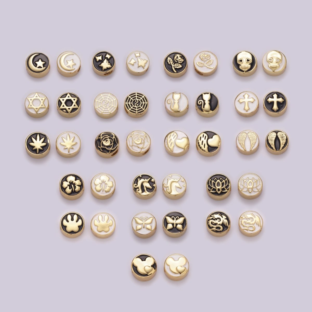 12mm Enamel Round Bead Design Bead Black White Gold Cute Spacer Bead Bracelet Supply Moon, Rose, Wing, Cross, Lotus, Skull, Unicorn, Butterfly, Dragon, Dog paw B-712 to B-749