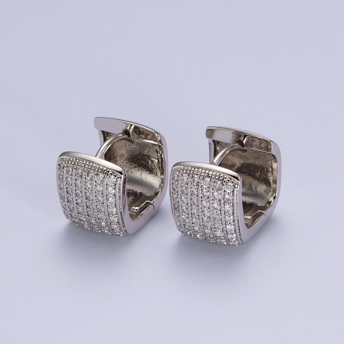 13mm Clear Micro Pave CZ Wide Boxy Huggie Hoop Earrings in Gold & Silver | V-035