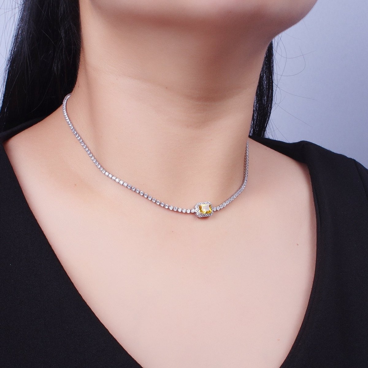 14 Inch Red, Green, Yellow Micro Paved Baguette Cubic Zirconia Tennis Chain Choker Necklace | WA-1190 WA-1191 WA-1192 Clearance Pricing