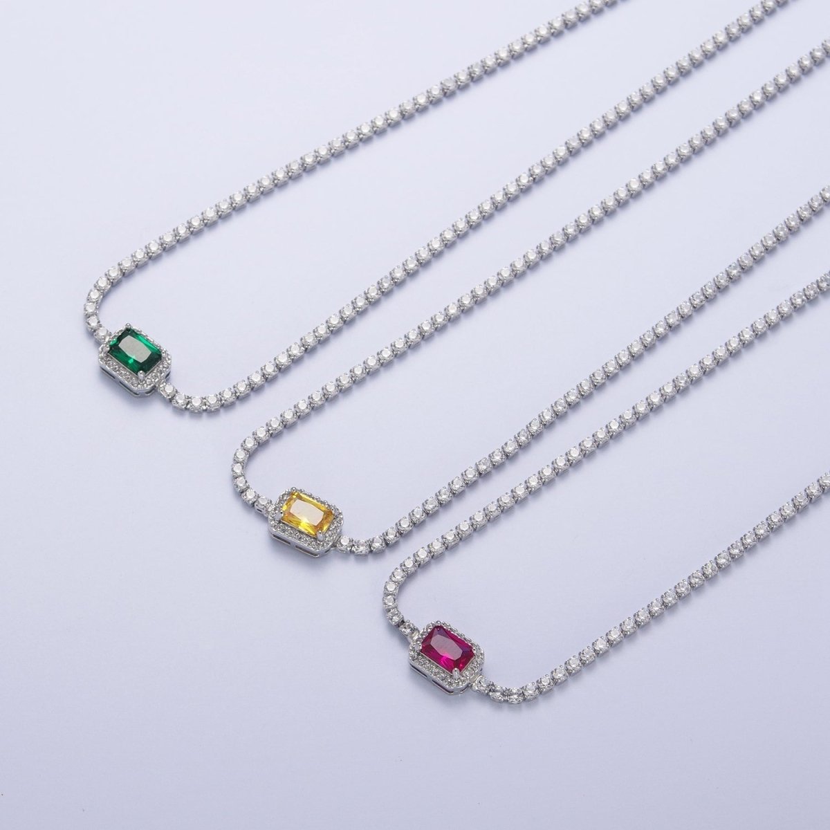 14 Inch Red, Green, Yellow Micro Paved Baguette Cubic Zirconia Tennis Chain Choker Necklace | WA-1190 WA-1191 WA-1192 Clearance Pricing