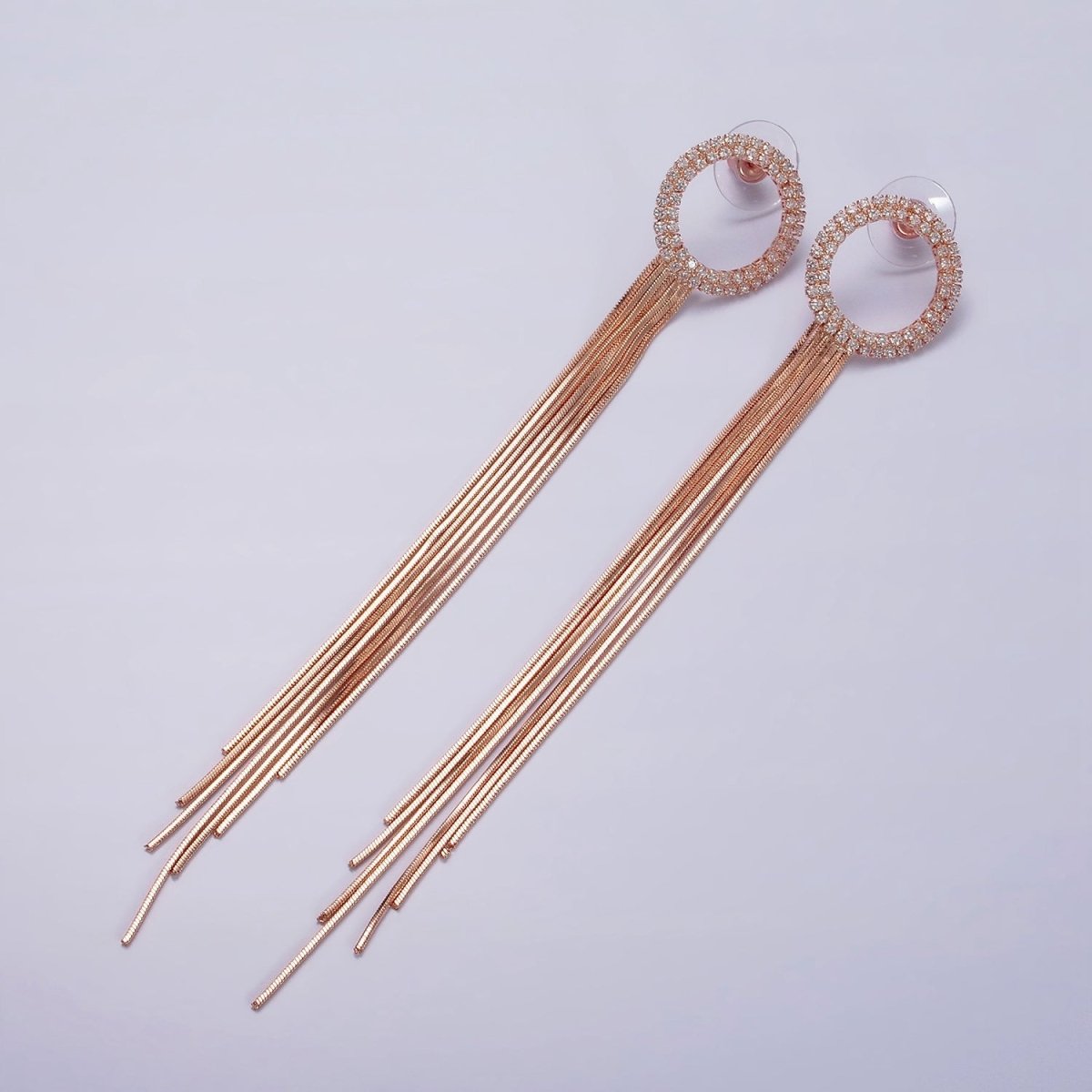 140mm Open Round Clear Micro Paved Multiple Strand Drop Stud Earrings in Silver & Rose Gold | AE926