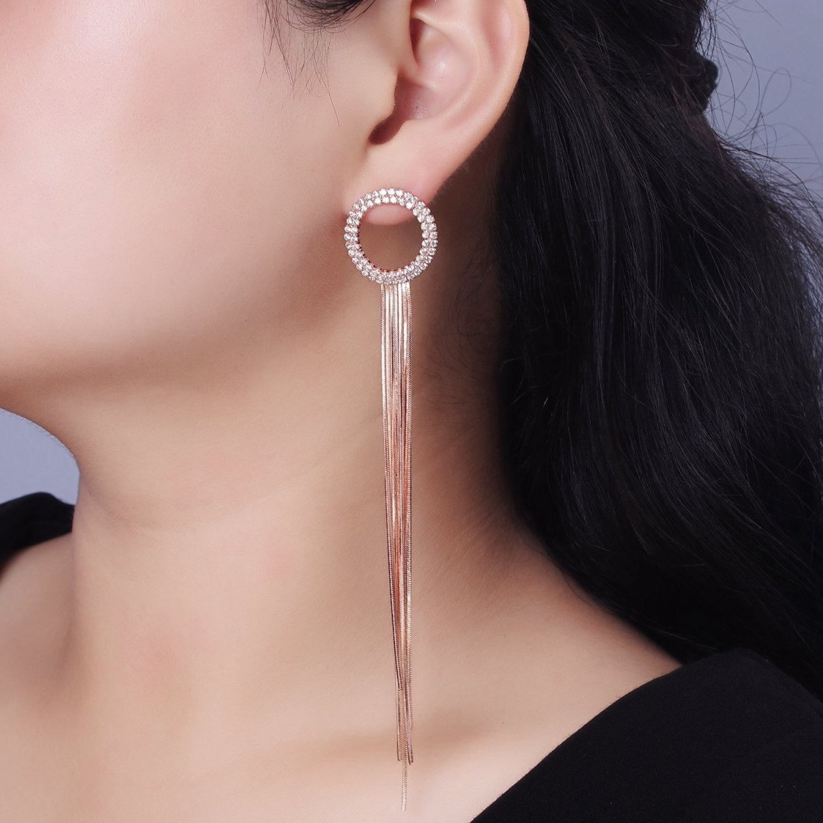 140mm Open Round Clear Micro Paved Multiple Strand Drop Stud Earrings in Silver & Rose Gold | AE926