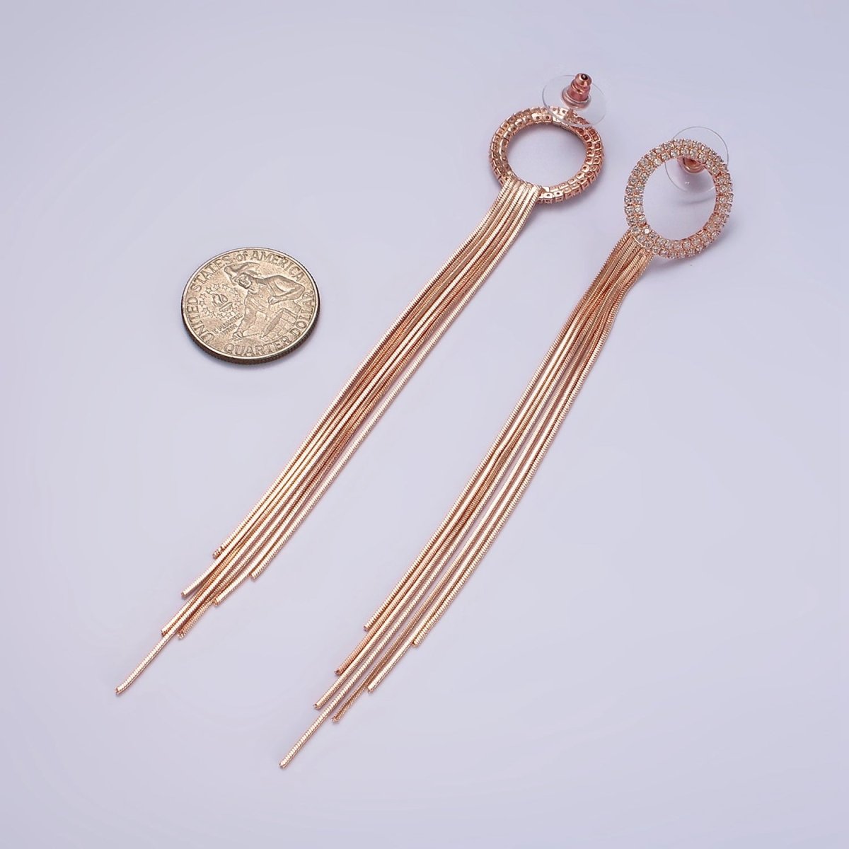 140mm Open Round Clear Micro Paved Multiple Strand Drop Stud Earrings in Silver & Rose Gold | AE926