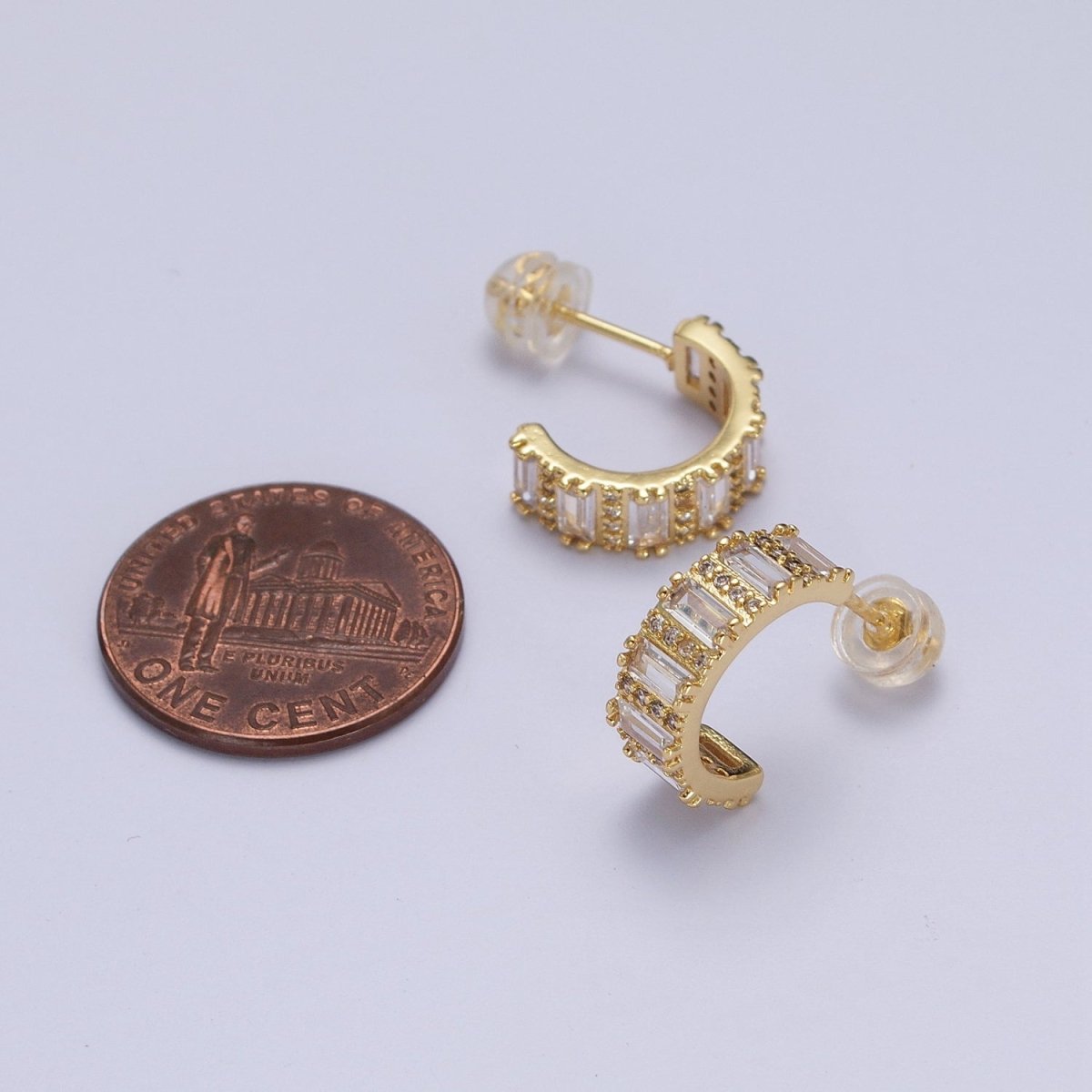 14.5mm Clear Baguette Micro Paved CZ Band C-Shaped Gold Stud Hoops Earrings | AB008