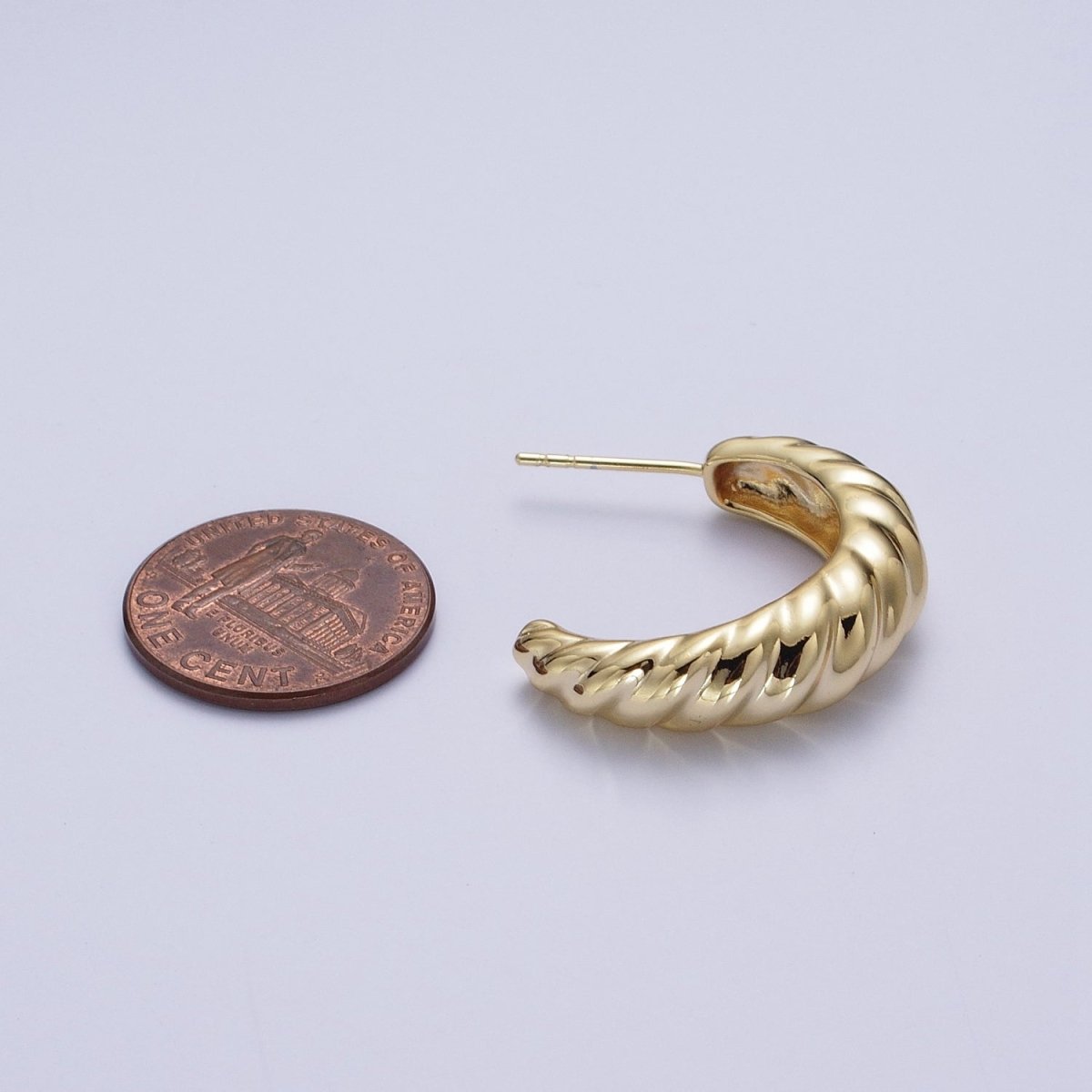 14K Gold Chunky Twisted Croissant C Shaped Hoop Studs Earrings | AD-046