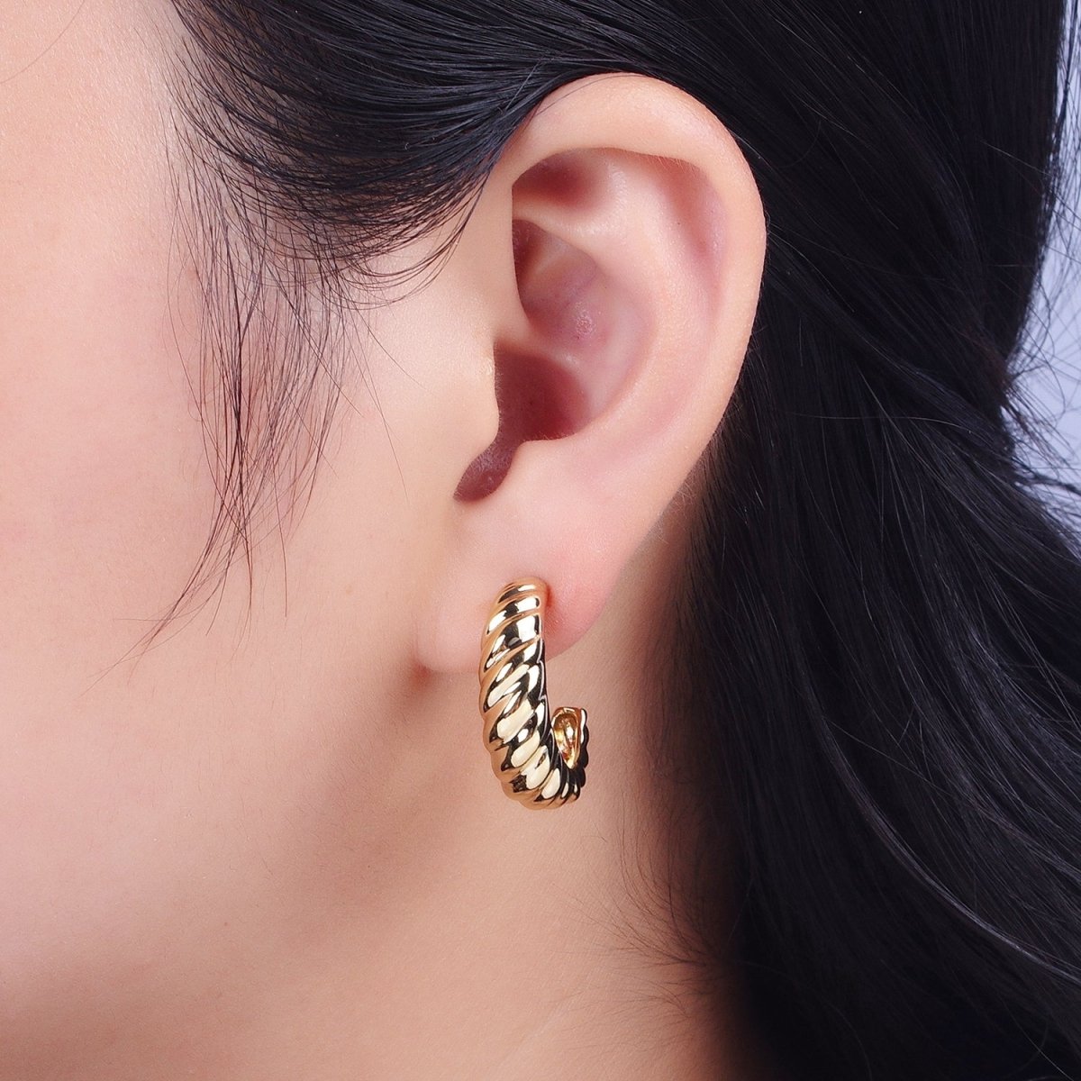 14K Gold Chunky Twisted Croissant C Shaped Hoop Studs Earrings | AD-046