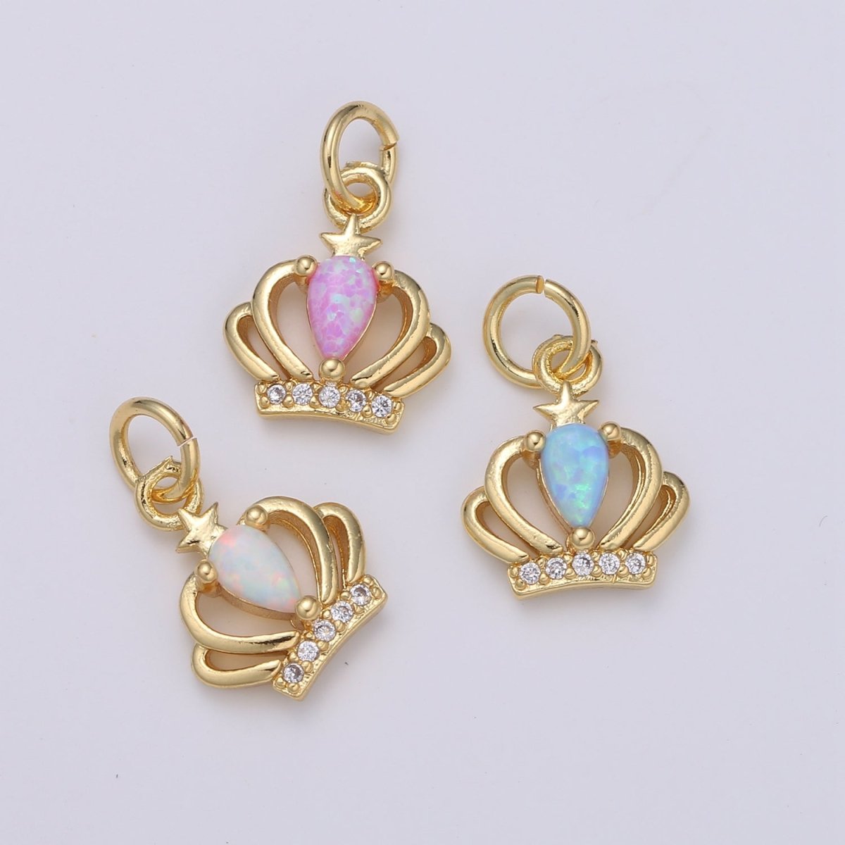 14K Gold Crown Opal CZ Pendant Charm, Micro Pave Charm, White, Blue, Pink Tiara E-029 - E-031