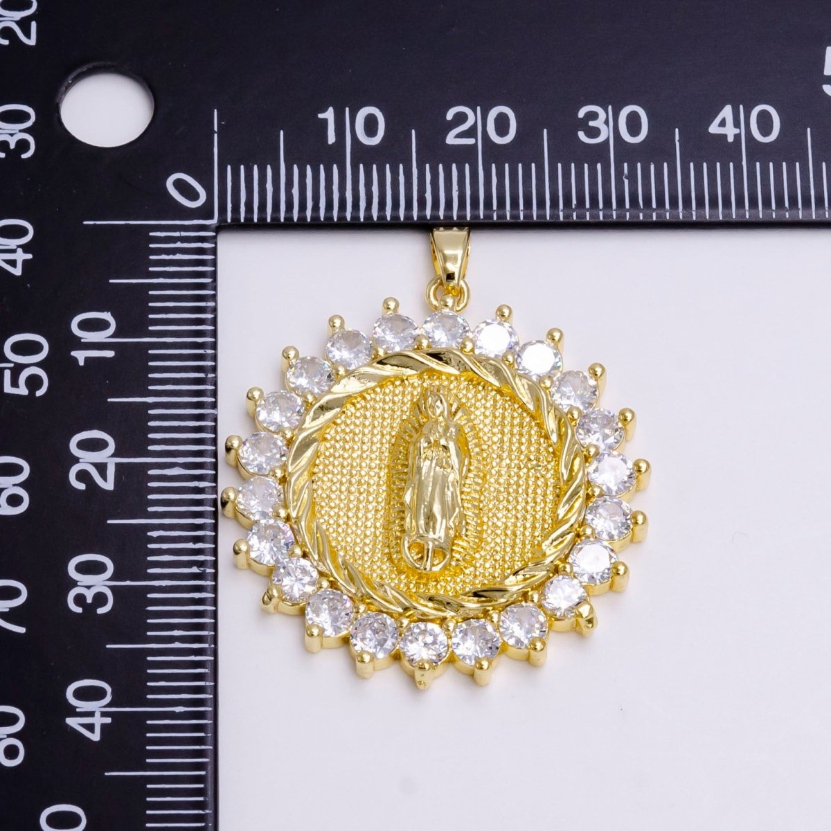 OS 14K Gold Filed Our Mother Virgin Mary Lady of Lourdes Catholic Braided Swirl Sunburst Micro Pave CZ Round Charm | N-1459