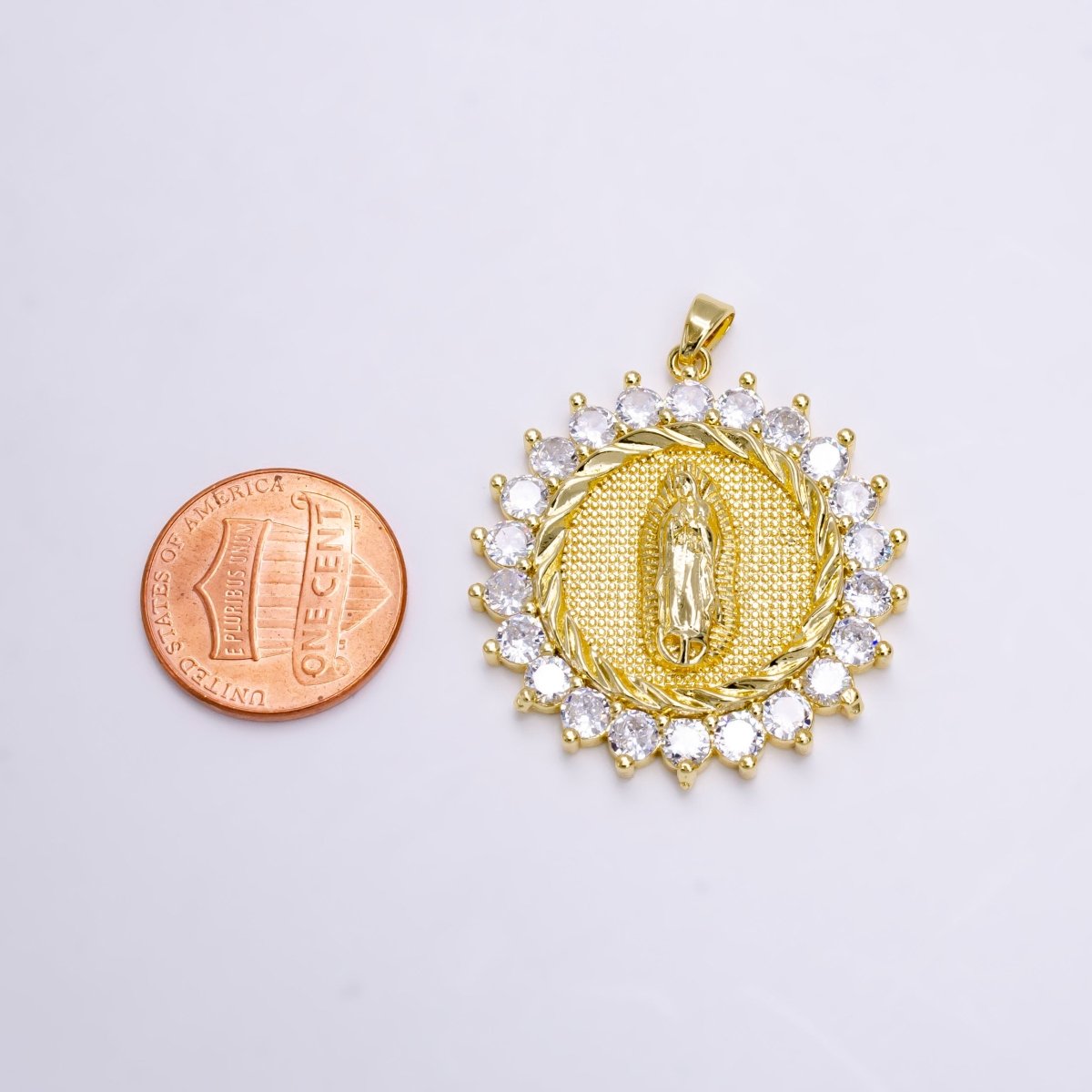 OS 14K Gold Filed Our Mother Virgin Mary Lady of Lourdes Catholic Braided Swirl Sunburst Micro Pave CZ Round Charm | N-1459