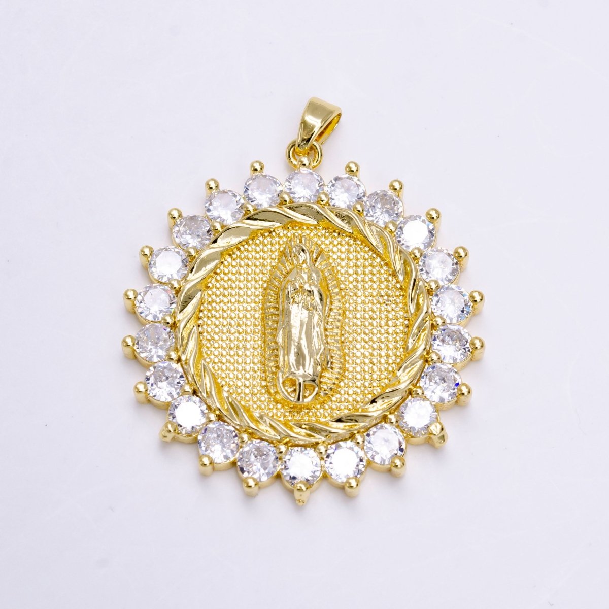 OS 14K Gold Filed Our Mother Virgin Mary Lady of Lourdes Catholic Braided Swirl Sunburst Micro Pave CZ Round Charm | N-1459