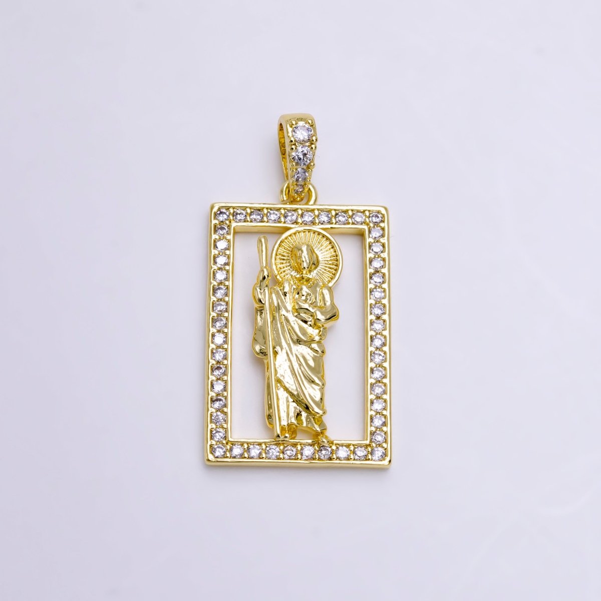14K Gold Filed Religious Saint Jude Rectangular Clear Micro Paved CZ Bail Pendant | AA502 - DLUXCA