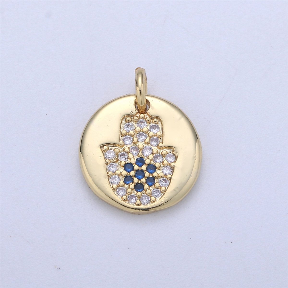 14k Gold fill Hamsa Hand, Evil Eye Coin Charm Diamond CZ 11mm Blue CZ Drop Charm Cubic Protector Pendant Tiny Lucky Dainty Necklace Bracelet C-837 C-838