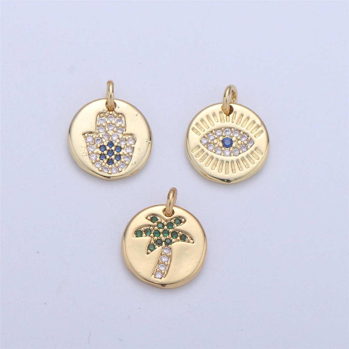 14k Gold fill Hamsa Hand, Evil Eye Coin Charm Diamond CZ 11mm Blue CZ Drop Charm Cubic Protector Pendant Tiny Lucky Dainty Necklace Bracelet C-837 C-838