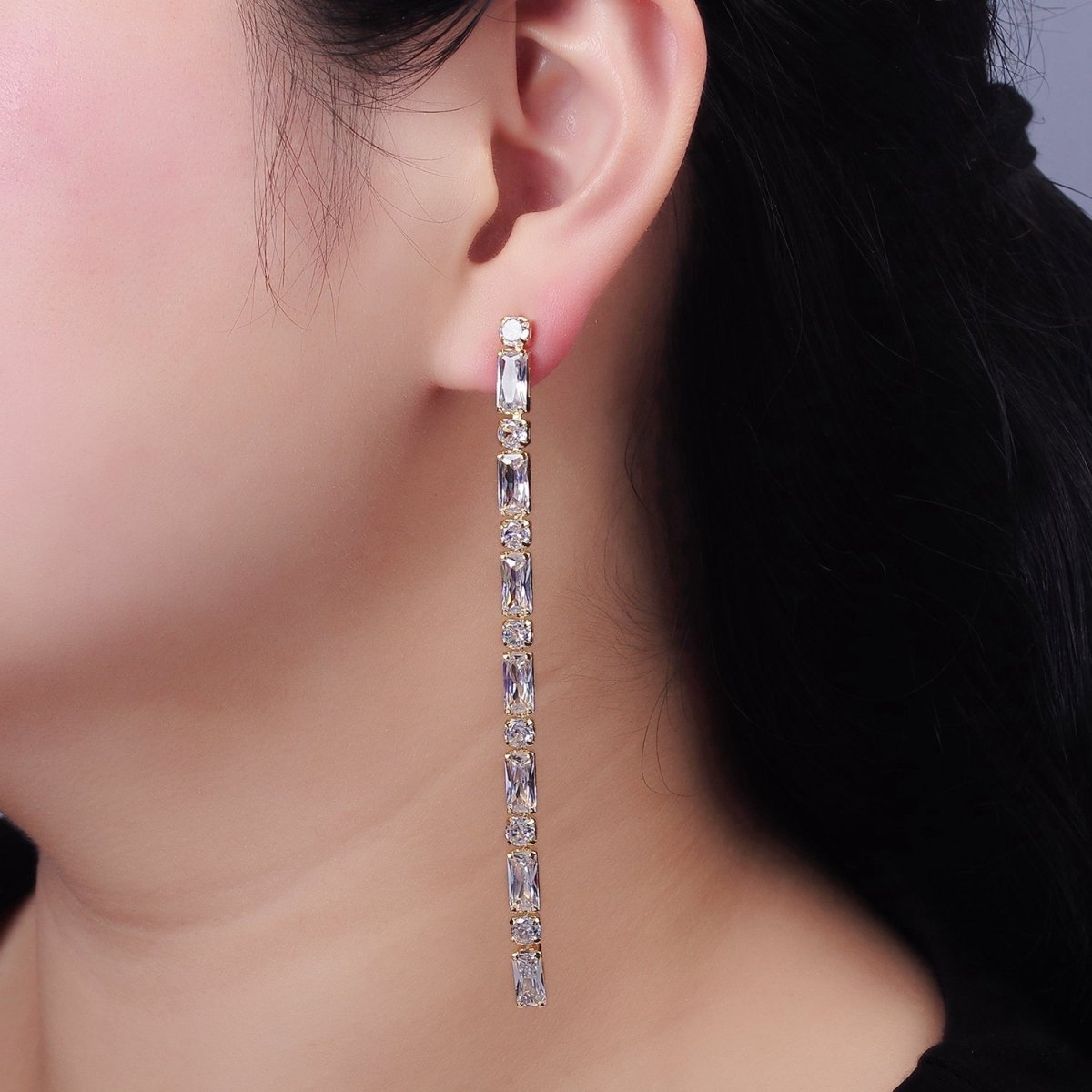 14K Gold Filled 100mm Baguette Round CZ Drop Stud Earrings in Gold & Silver | AE501 AE502
