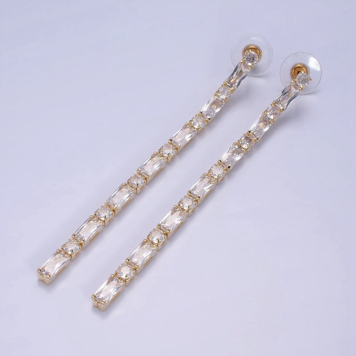 14K Gold Filled 100mm Baguette Round CZ Drop Stud Earrings in Gold & Silver | AE501 AE502