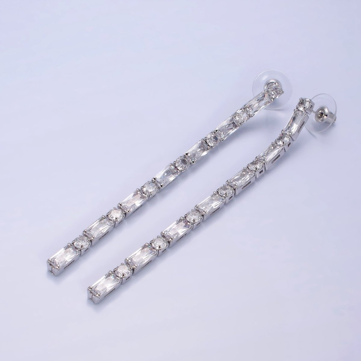 14K Gold Filled 100mm Baguette Round CZ Drop Stud Earrings in Gold & Silver | AE501 AE502