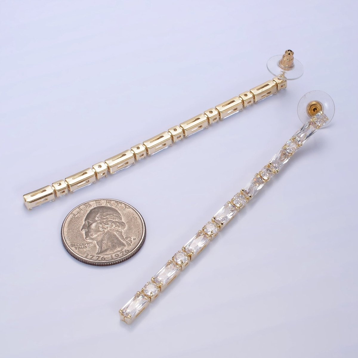 14K Gold Filled 100mm Baguette Round CZ Drop Stud Earrings in Gold & Silver | AE501 AE502