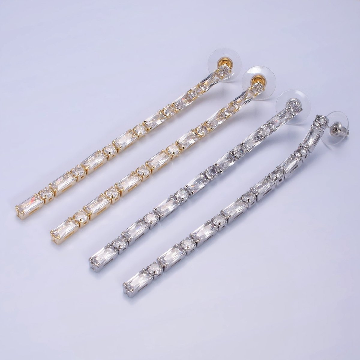 14K Gold Filled 100mm Baguette Round CZ Drop Stud Earrings in Gold & Silver | AE501 AE502