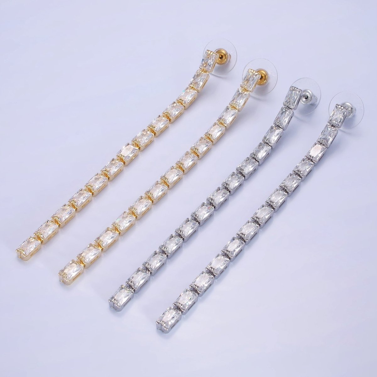 14K Gold Filled 100mm Clear Baguette CZ Drop Stud Earrings in Gold & Silver | AE497 AE498
